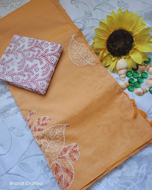Cotton Mix Block Printed Saree with Contrast Additional Blouse Piece - Orange Champa