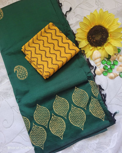 Cotton Mix Block Printed Saree with Contrast Additional Blouse Piece - Green Yellow Blouse