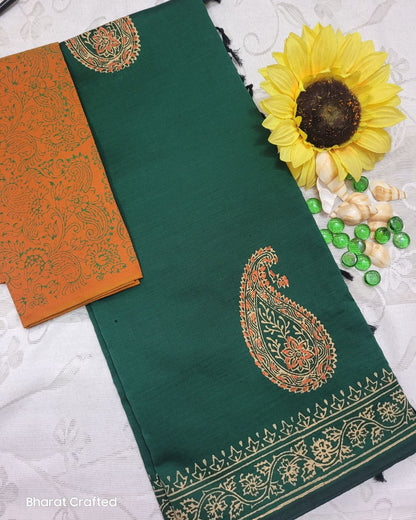 Cotton Mix Block Printed Saree with Contrast Additional Blouse Piece - Green & Orange Paisley