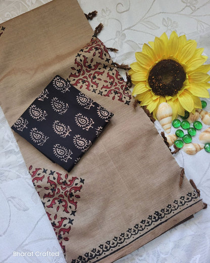 Cotton Mix Block Printed Saree with Contrast Additional Blouse Piece - Dusky Grey With Prisma Print