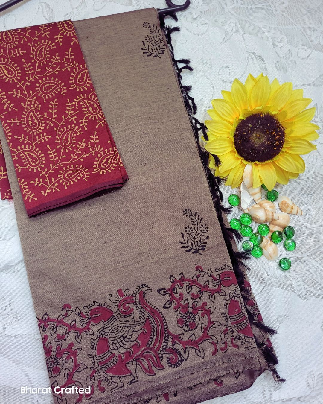 Cotton Mix Block Printed Saree with Contrast Additional Blouse Piece - Dusky Grey Peacock Border