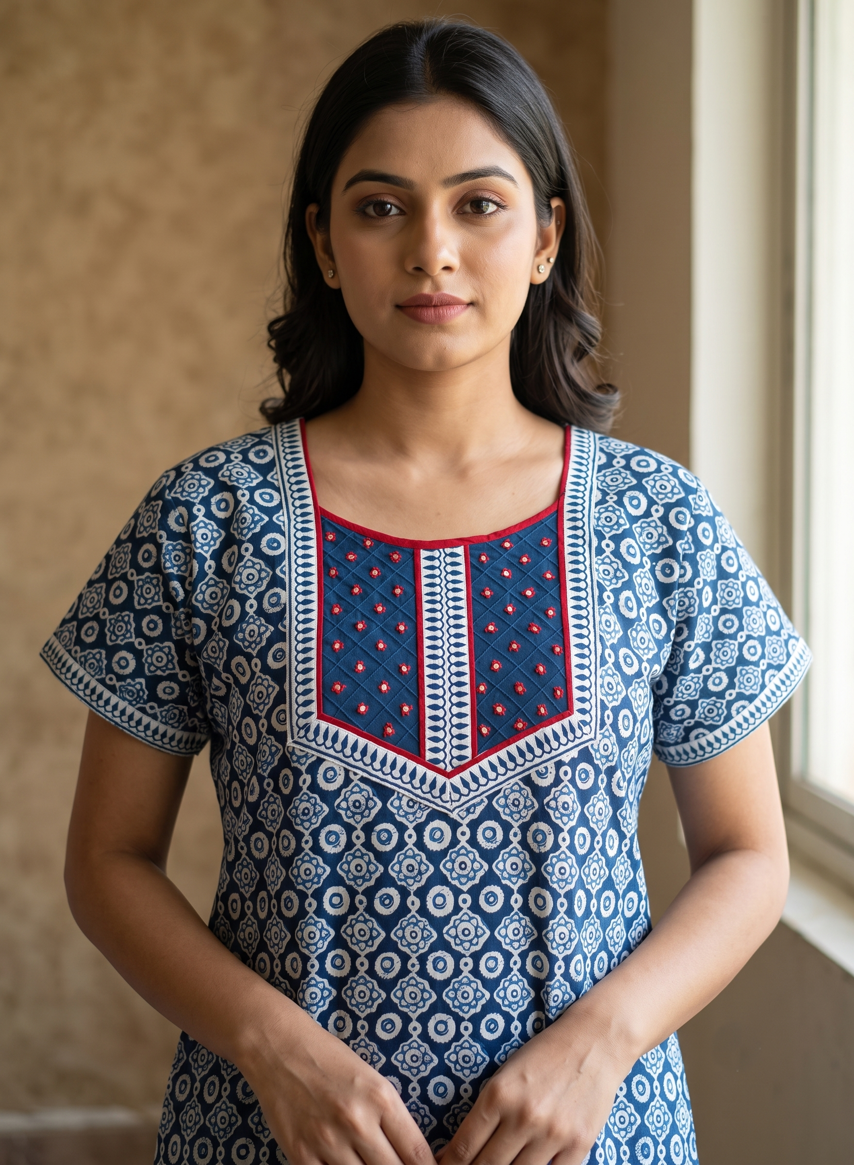 Cotton indigo block printed nighty with neck mirror work