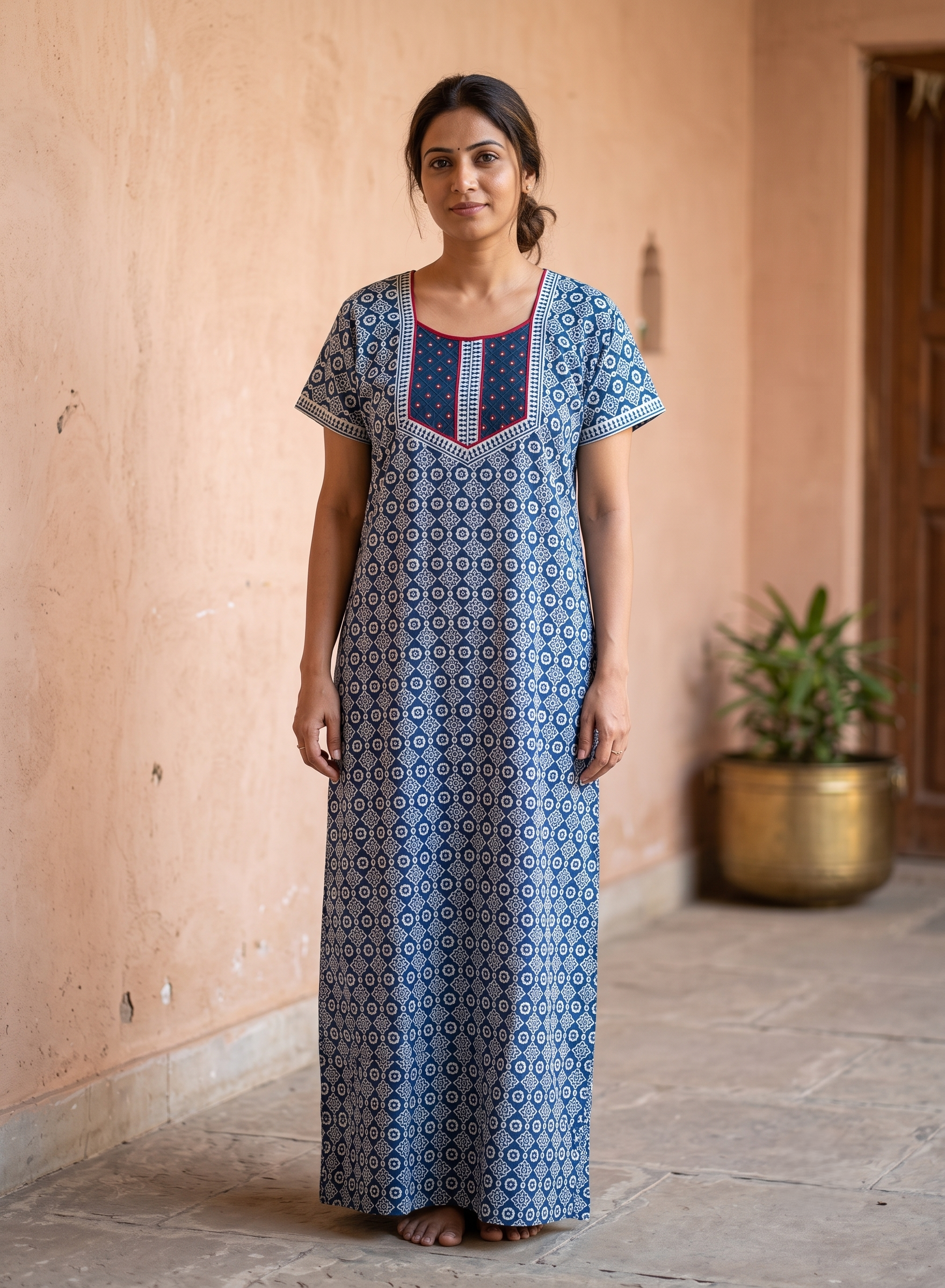 Cotton indigo block printed nighty with neck mirror work