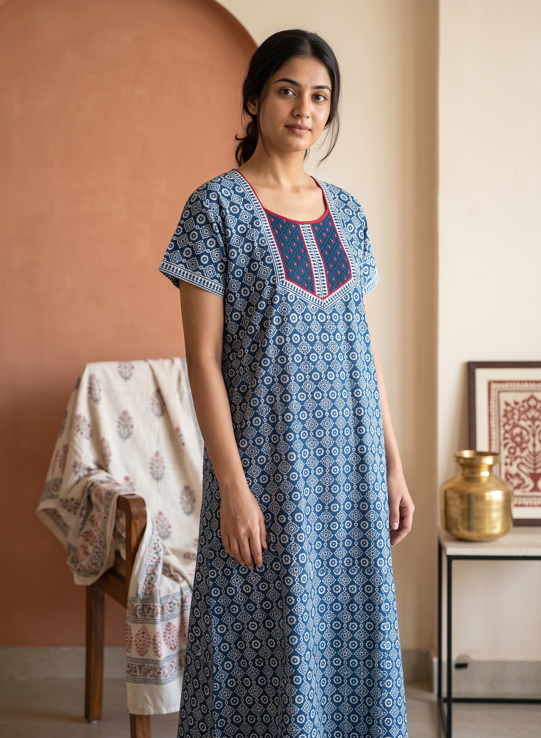 Cotton indigo block printed nighty with neck mirror work