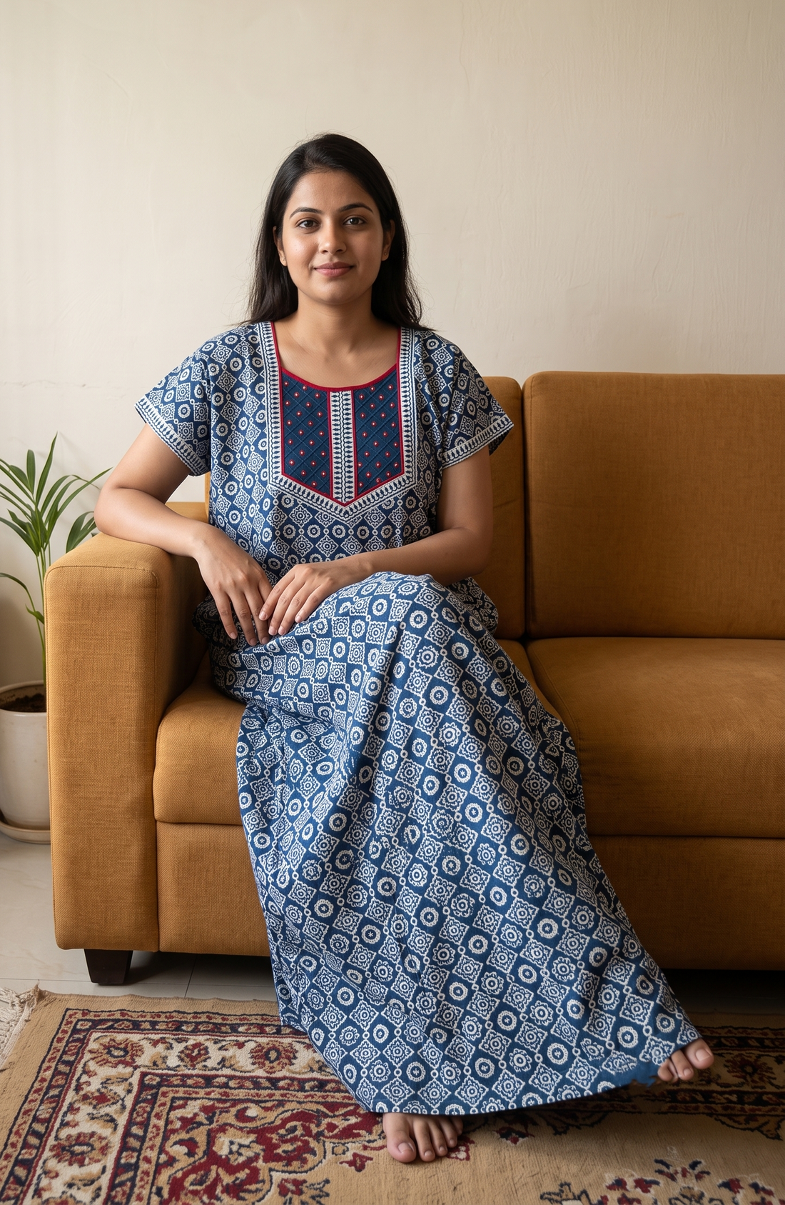 Cotton indigo block printed nighty with neck mirror work