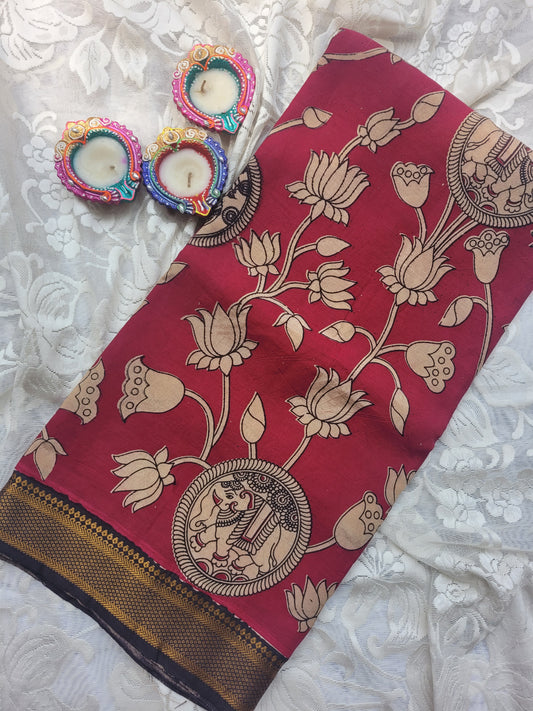 Kalamkari Nizam Border Dark Pink Floral Printed Saree