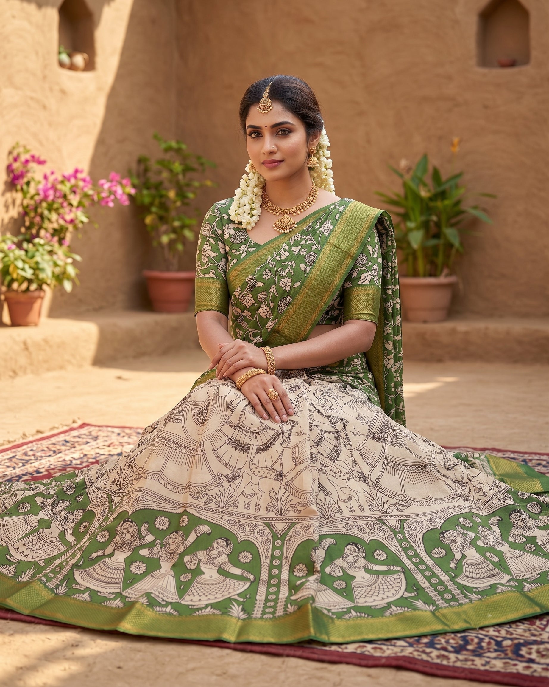 Kalamkari Silk Unstitched Lehenga Fabric 3pcs Set - Dark Green