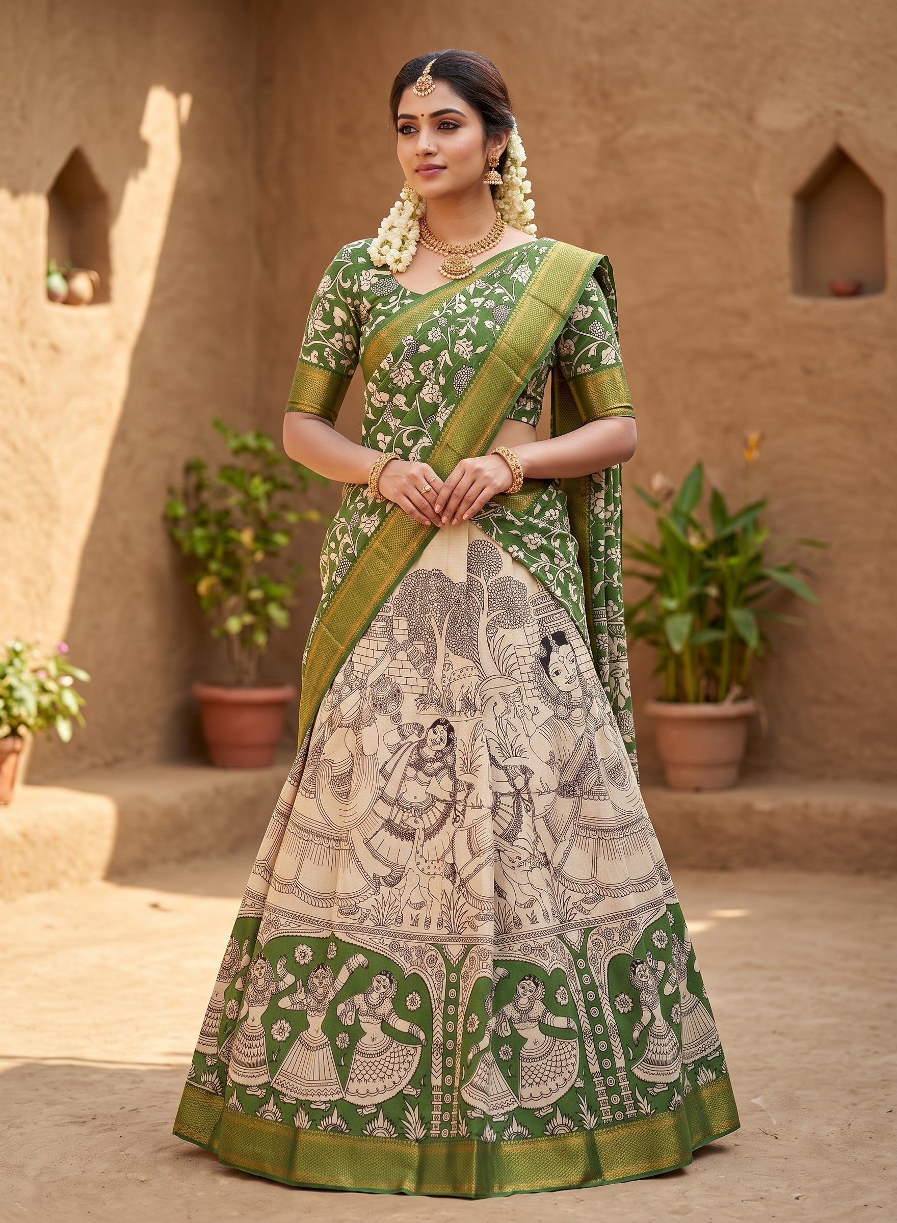 Kalamkari Silk Unstitched Lehenga Fabric 3pcs Set - Dark Green