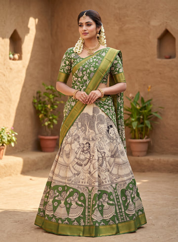 Kalamkari Silk Unstitched Lehenga Fabric 3pcs Set - Dark Green