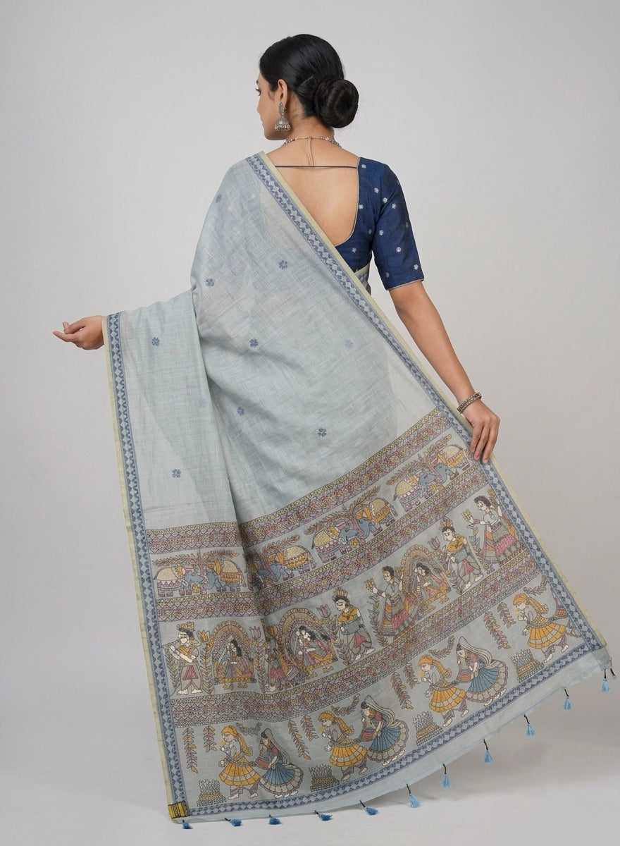 Dhoomra pastel Blue Madhubani Woven Linen Cotton Saree