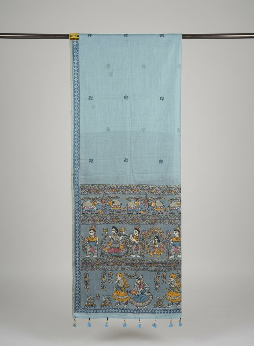 Dhoomra pastel Blue Madhubani Woven Linen Cotton Saree