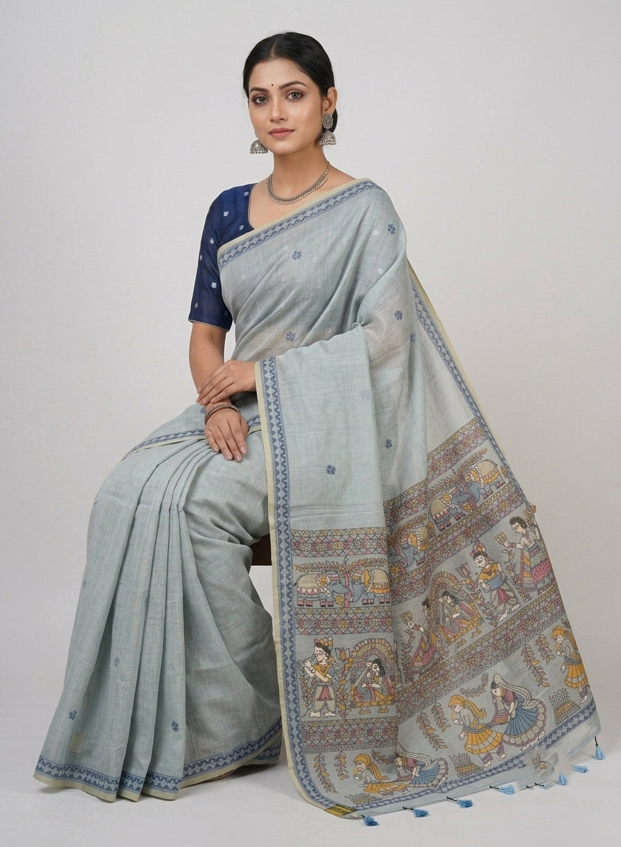 Dhoomra pastel Blue Madhubani Woven Linen Cotton Saree