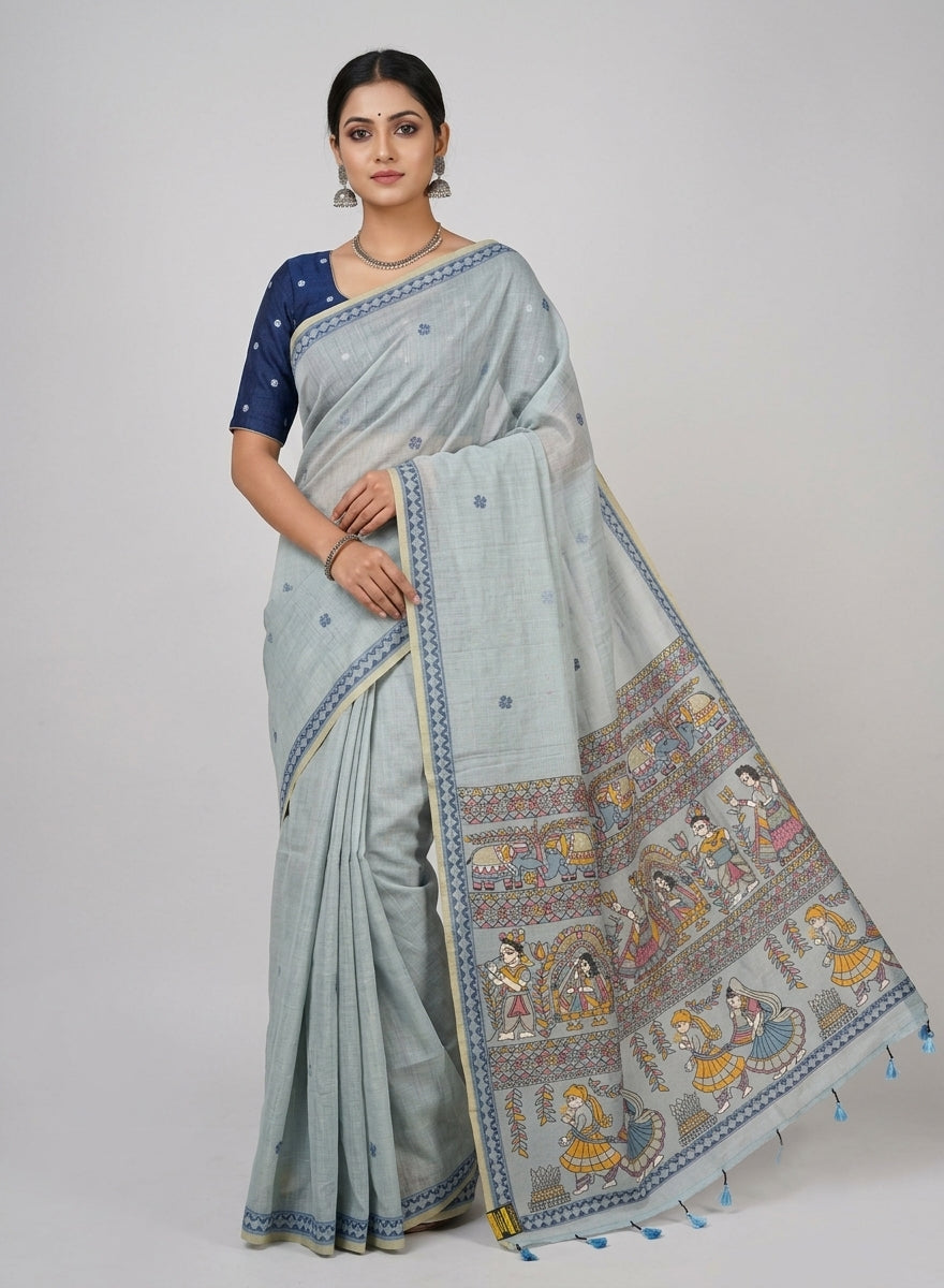 Dhoomra pastel Blue Madhubani Woven Linen Cotton Saree