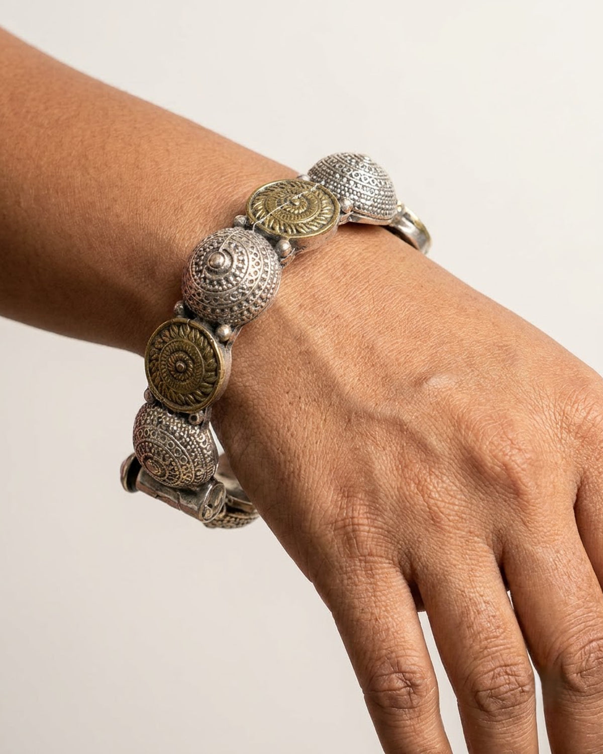 Dual-Tone Oxidised Silver & Brass Kada – Antique Tribal Bangle