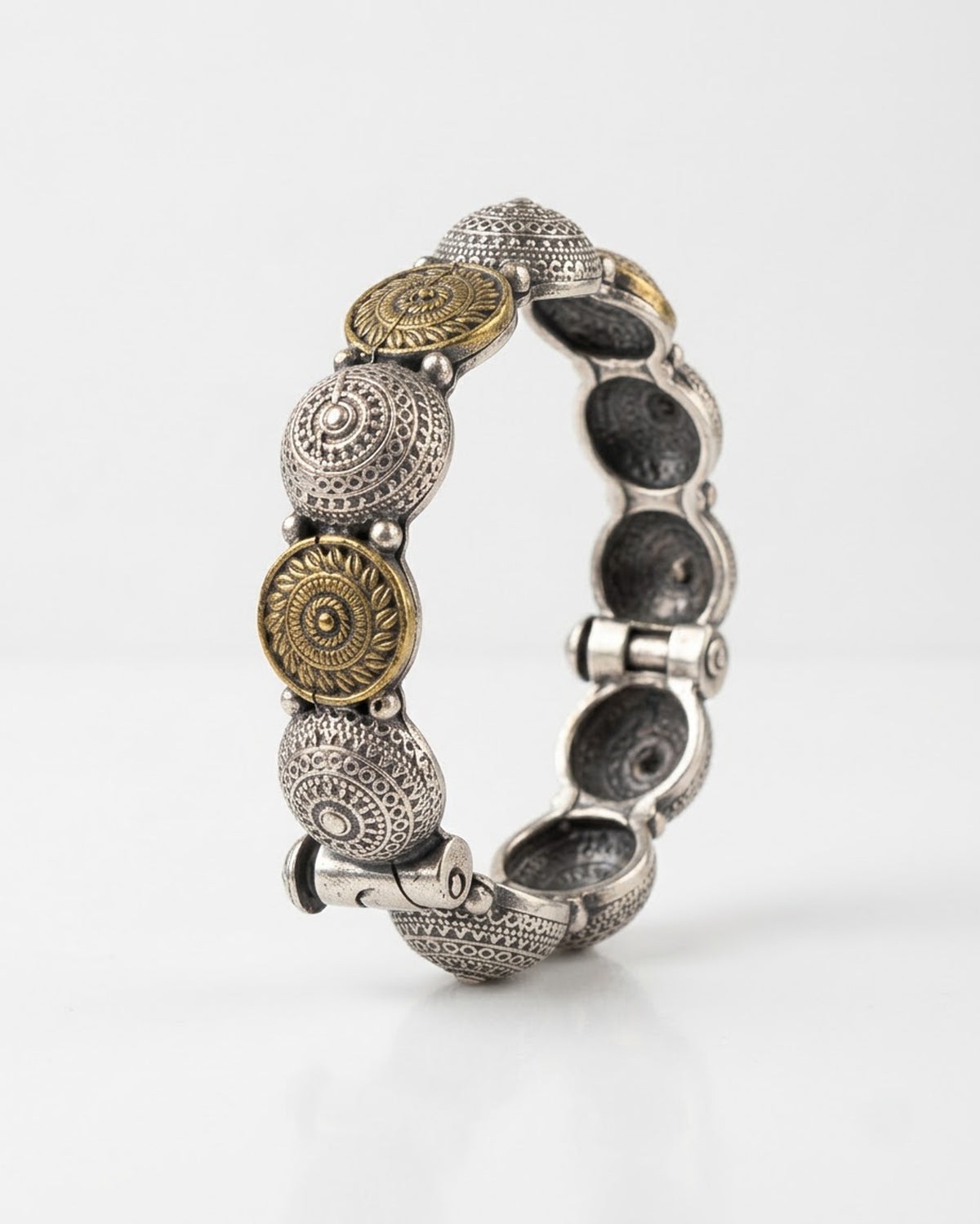 Dual-Tone Oxidised Silver & Brass Kada – Antique Tribal Bangle