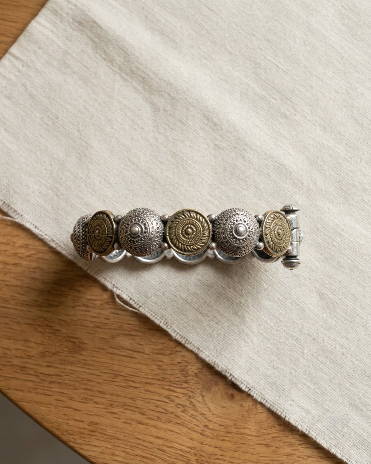 Dual-Tone Oxidised Silver & Brass Kada – Antique Tribal Bangle