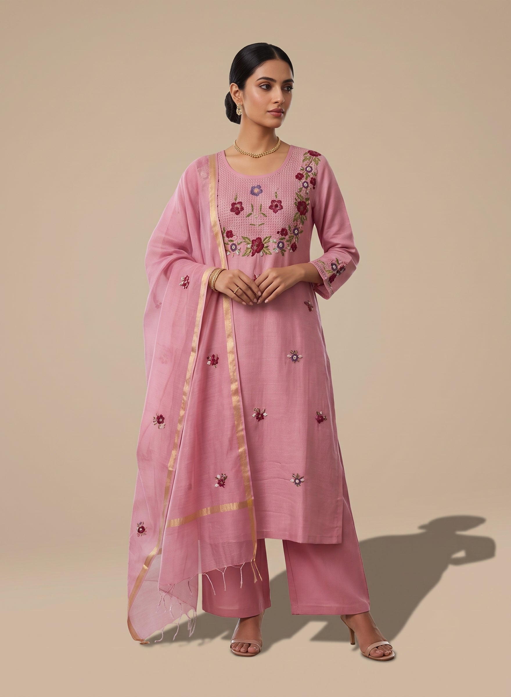 Dusty rose pink cotton suit set with dupatta - set of 3