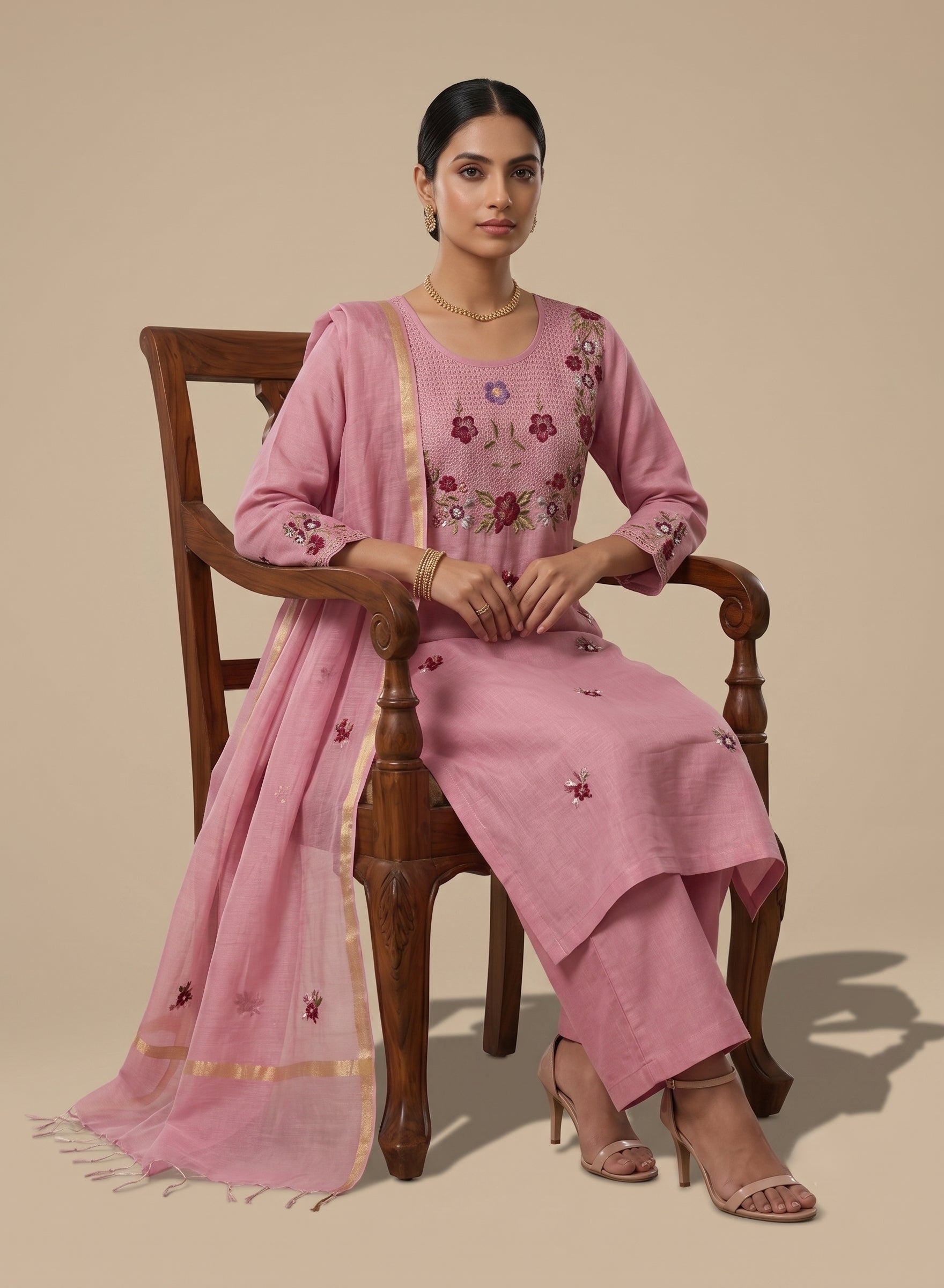 Dusty rose pink cotton suit set with dupatta - set of 3