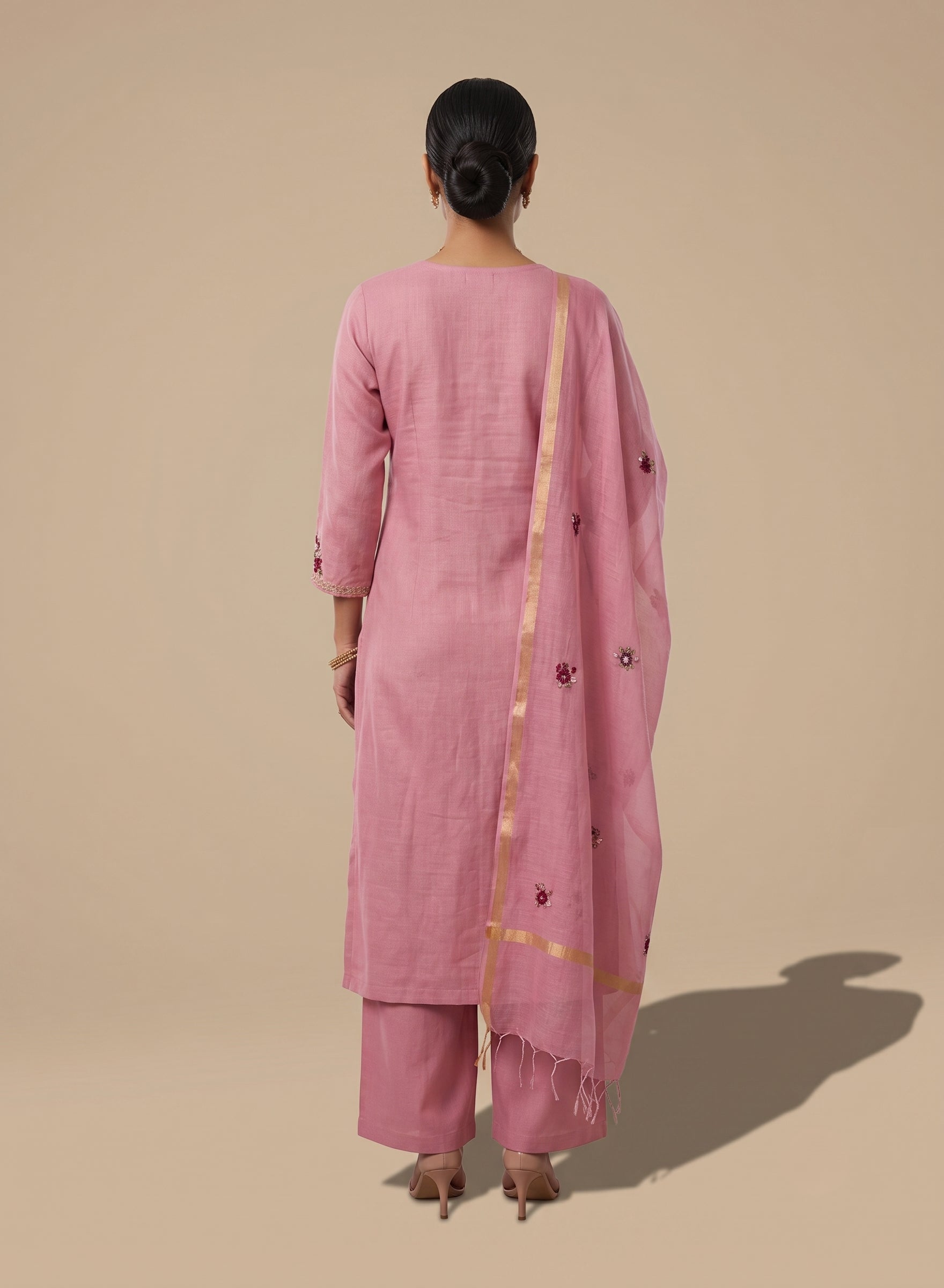 Dusty rose pink cotton suit set with dupatta - set of 3