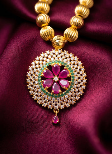 Elegant Gold-Plated CZ & Gemstone Medallion Necklace
