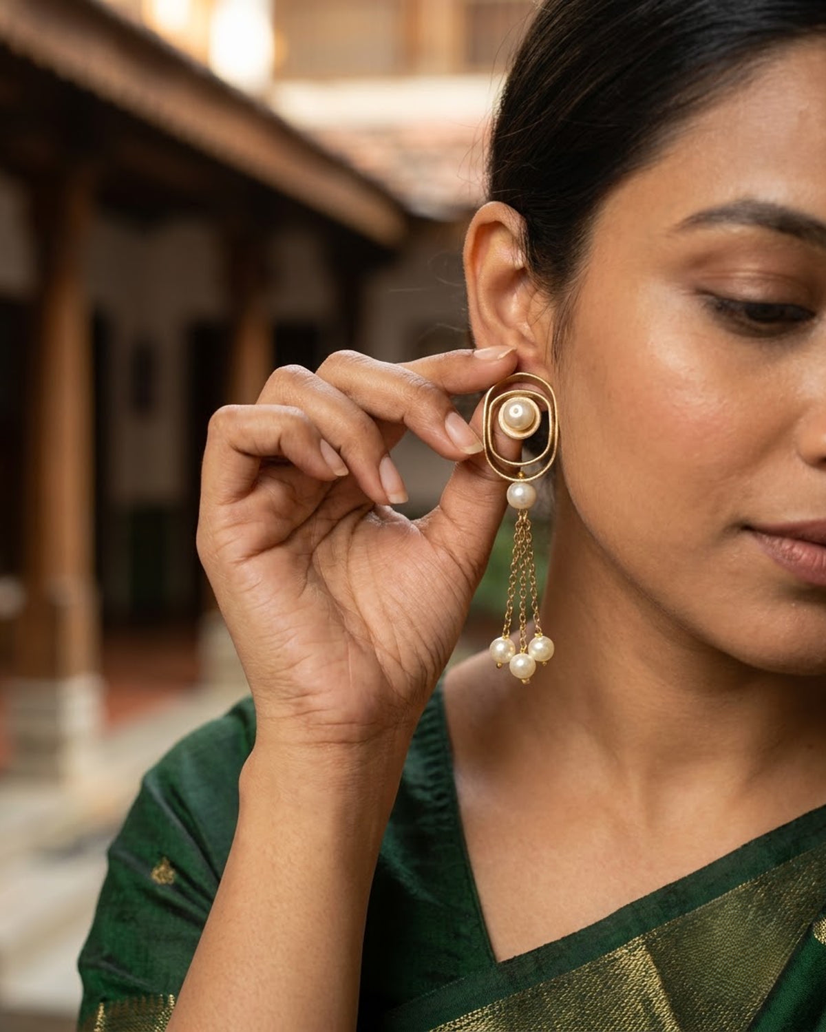 Elora Gold Concentric Pearl Tassel Earrings