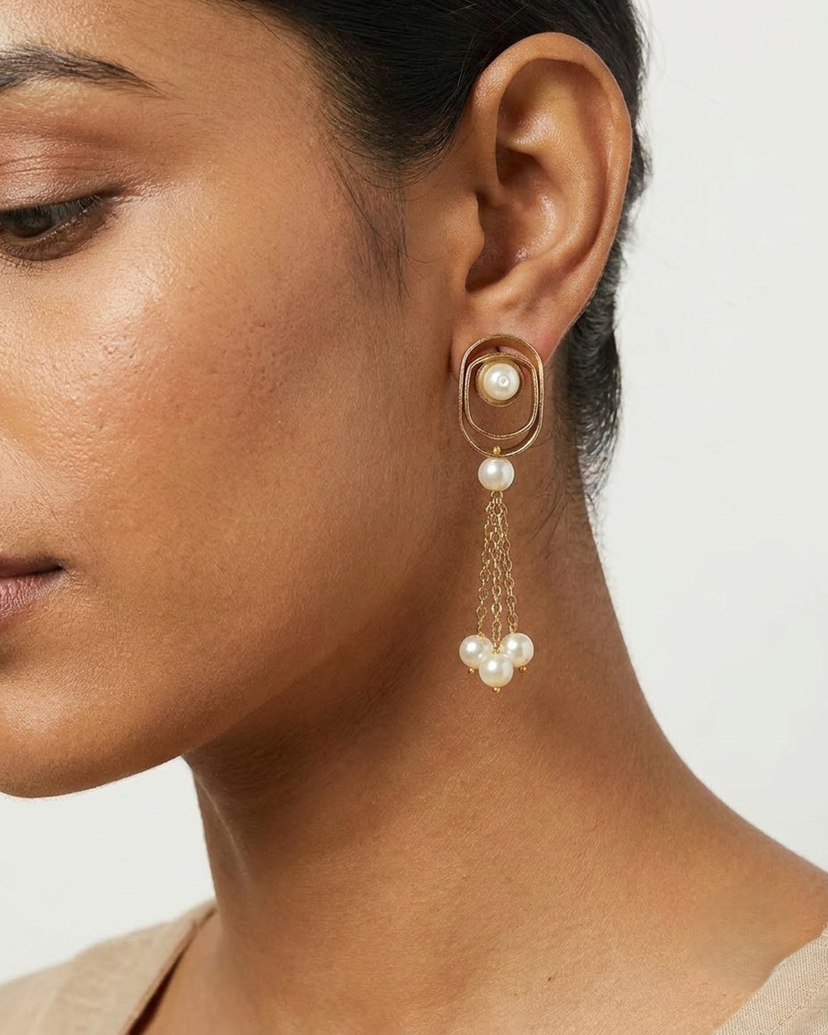 Elora Gold Concentric Pearl Tassel Earrings