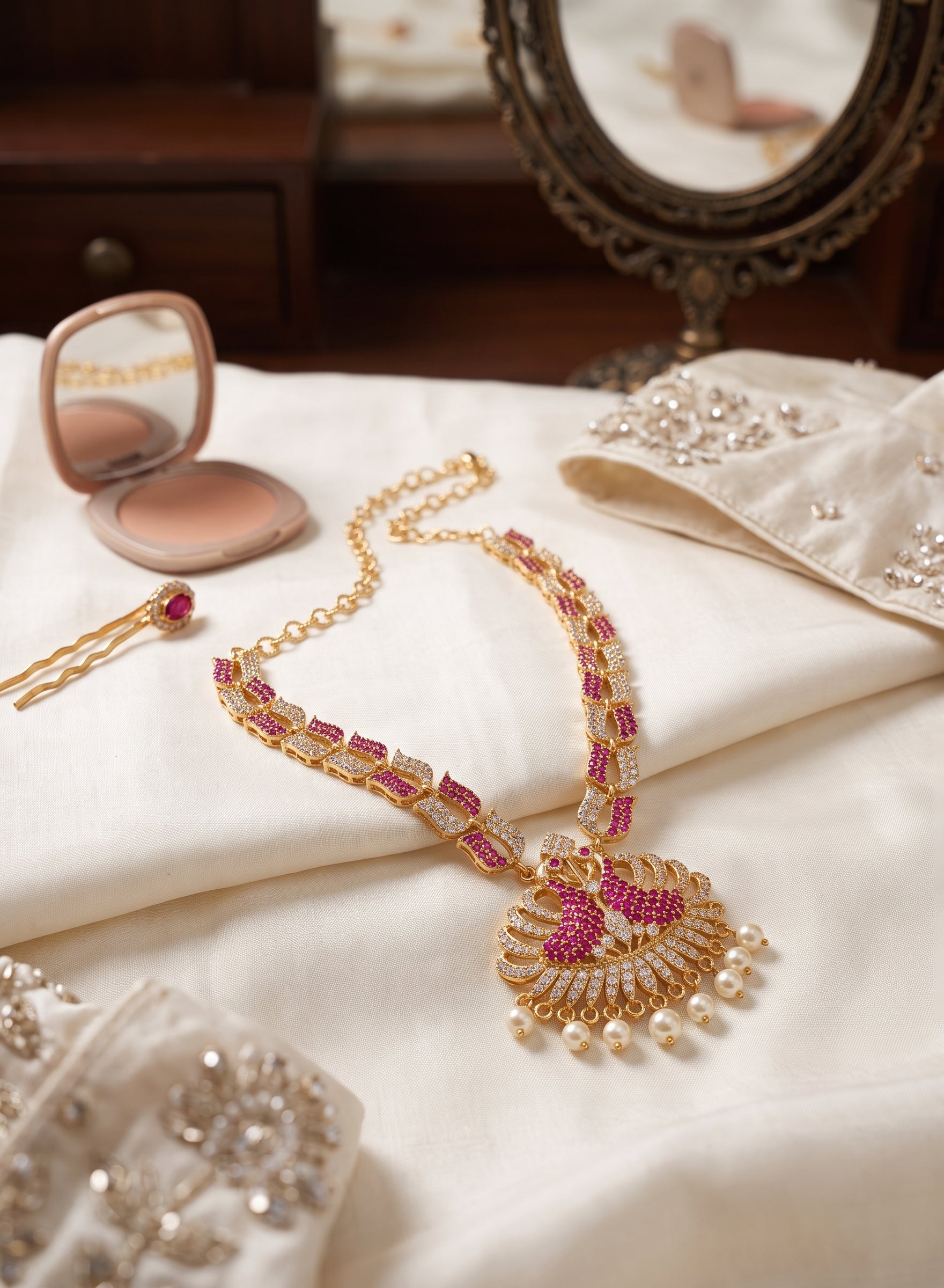 Exquisite Ruby &amp; Diamond Peacock Necklace Set