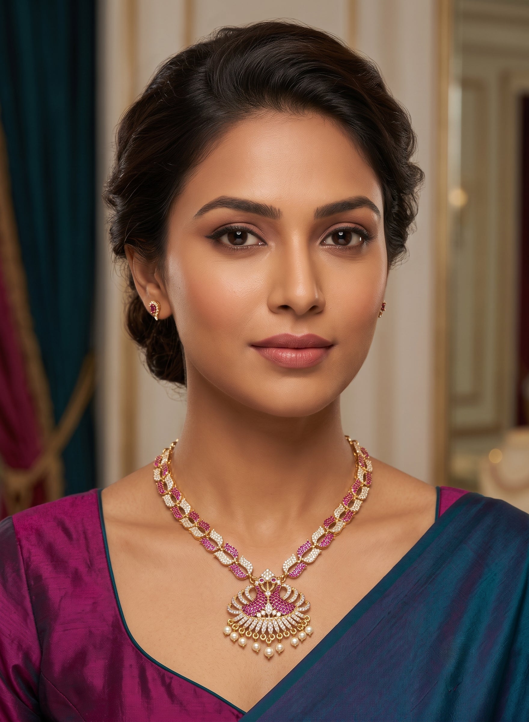 Exquisite Ruby &amp; Diamond Peacock Necklace Set