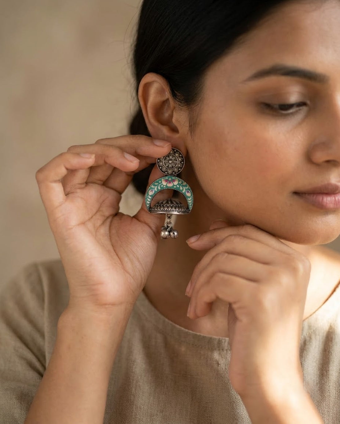 Firoza Hand-Painted Silver Jhumka Earrings