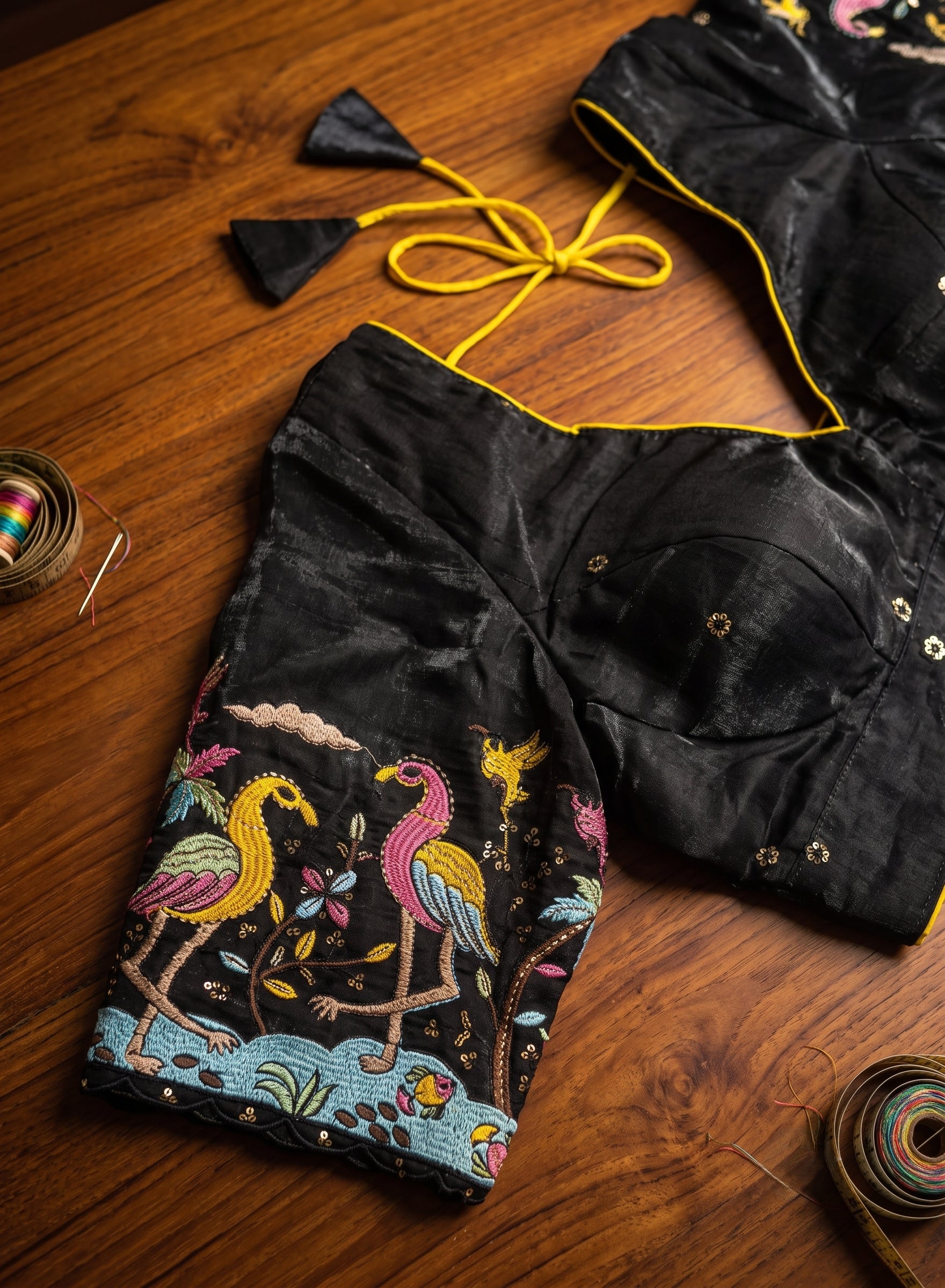 Black Flamingo Embroidered Padded Back Open V-Neck Blouse