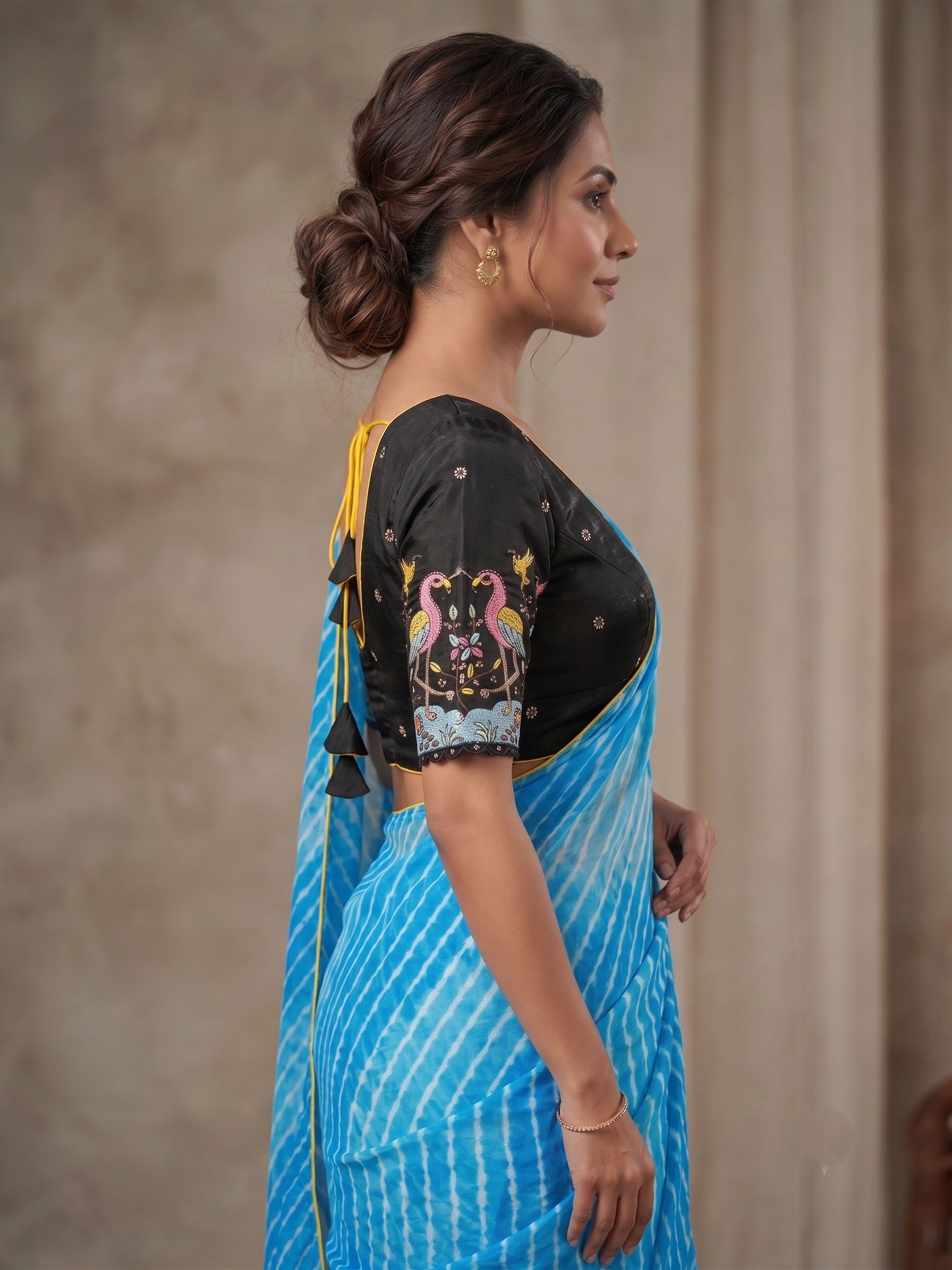 Black Flamingo Embroidered Padded Back Open V-Neck Blouse