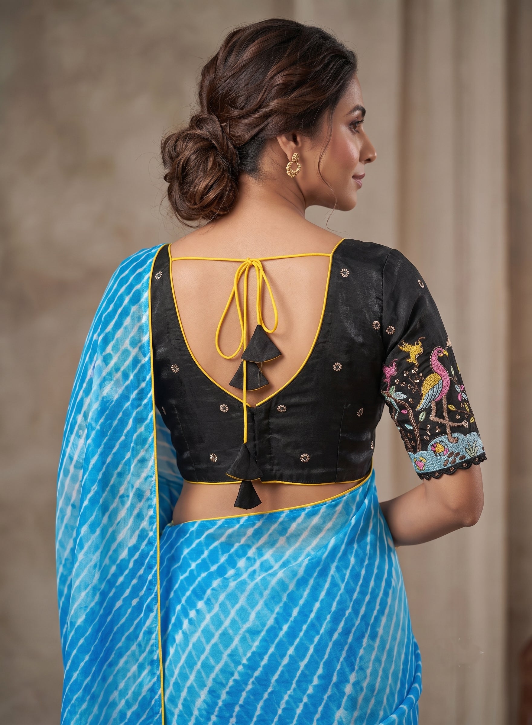Black Flamingo Embroidered Padded Back Open V-Neck Blouse