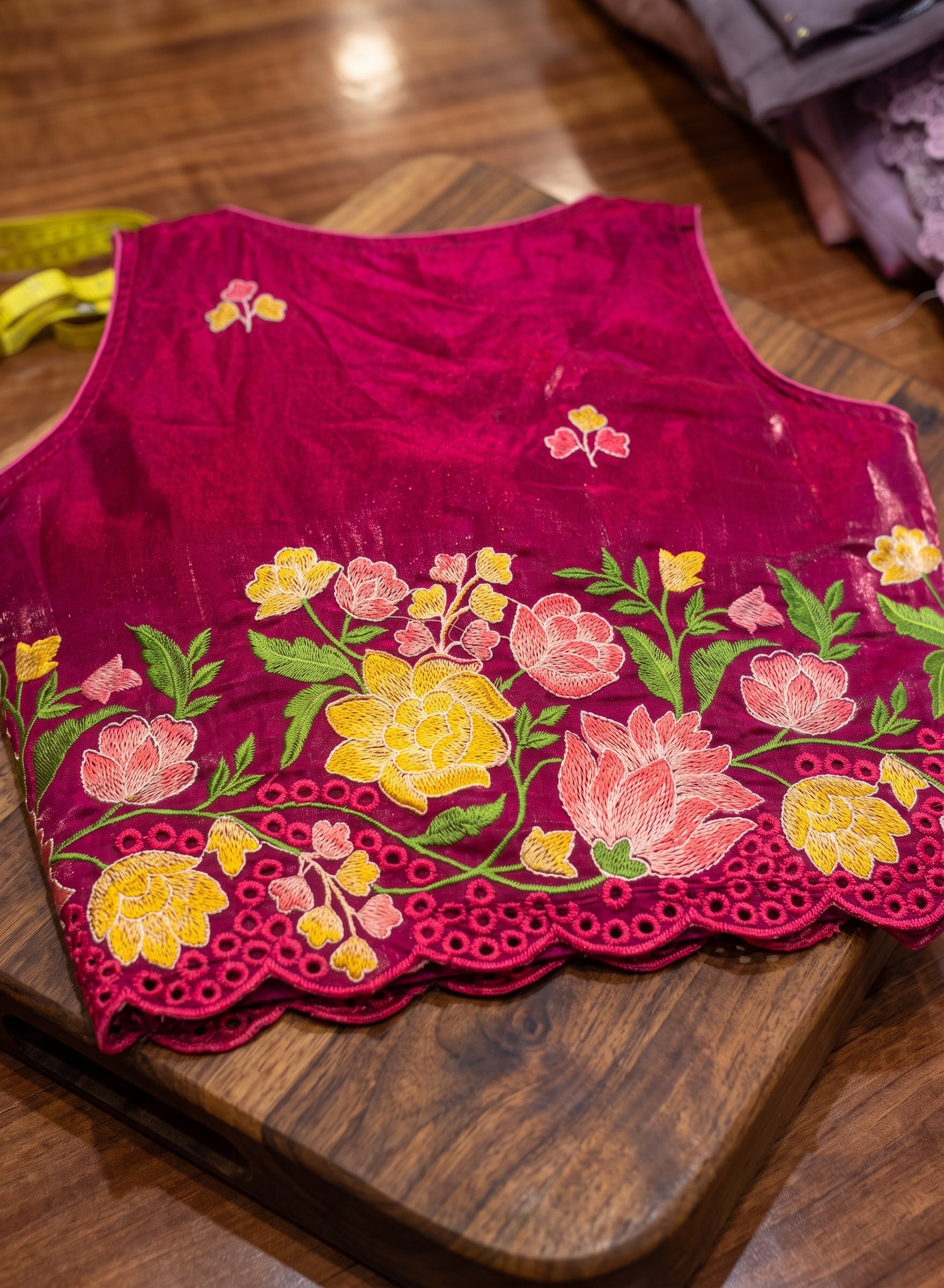 Floral Fantasy Scallop Edge Sleeveless Blouse - Dark Wine
