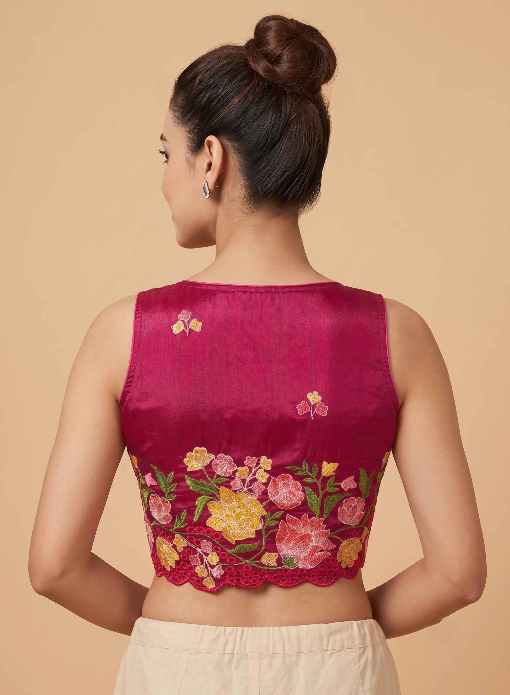 Floral Fantasy Scallop Edge Sleeveless Blouse - Dark Wine