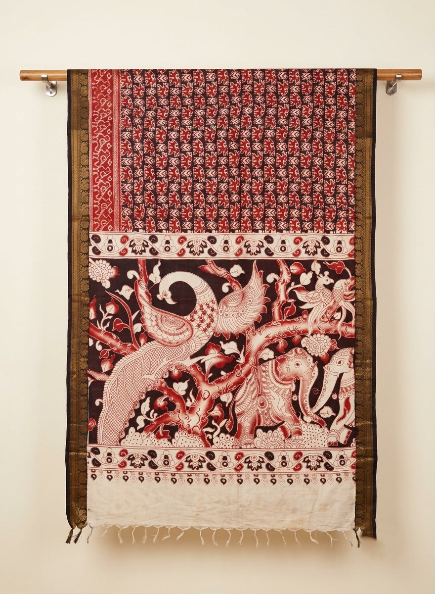 Gajalakshmi Maroon Chennur Silk Kalamkari Saree