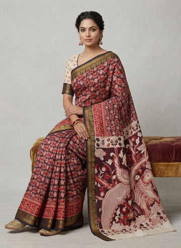 Gajalakshmi Maroon Chennur Silk Kalamkari Saree
