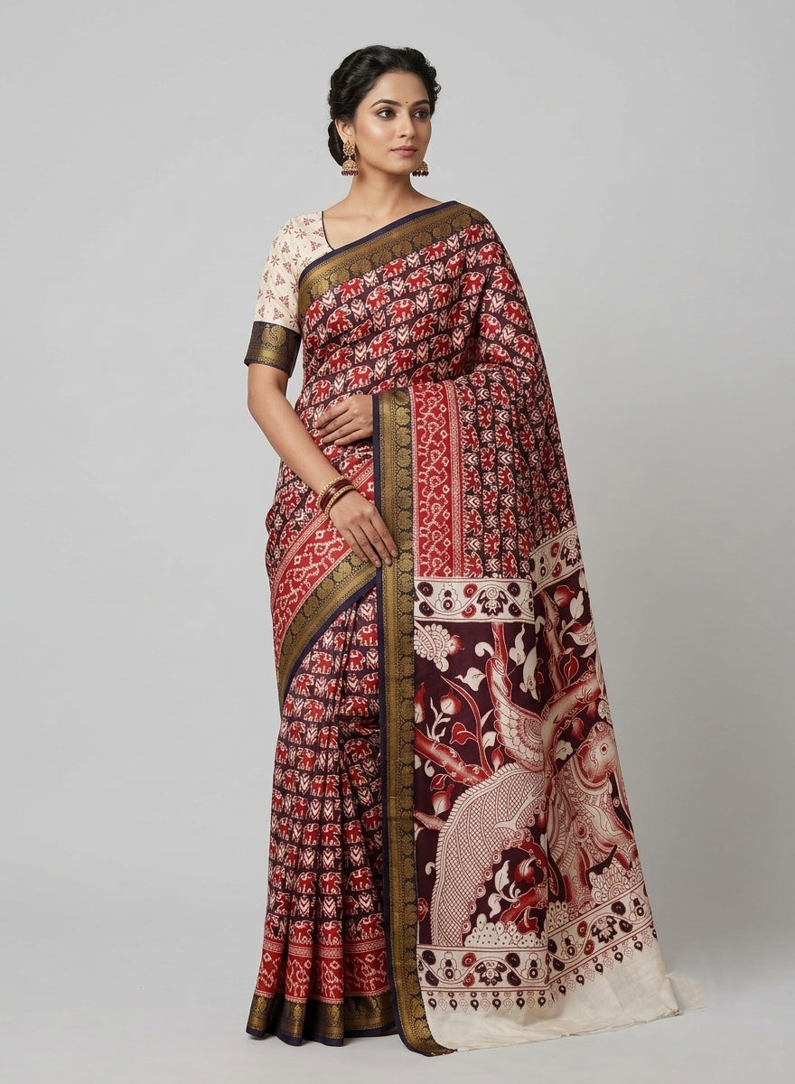 Gajalakshmi Maroon Chennur Silk Kalamkari Saree