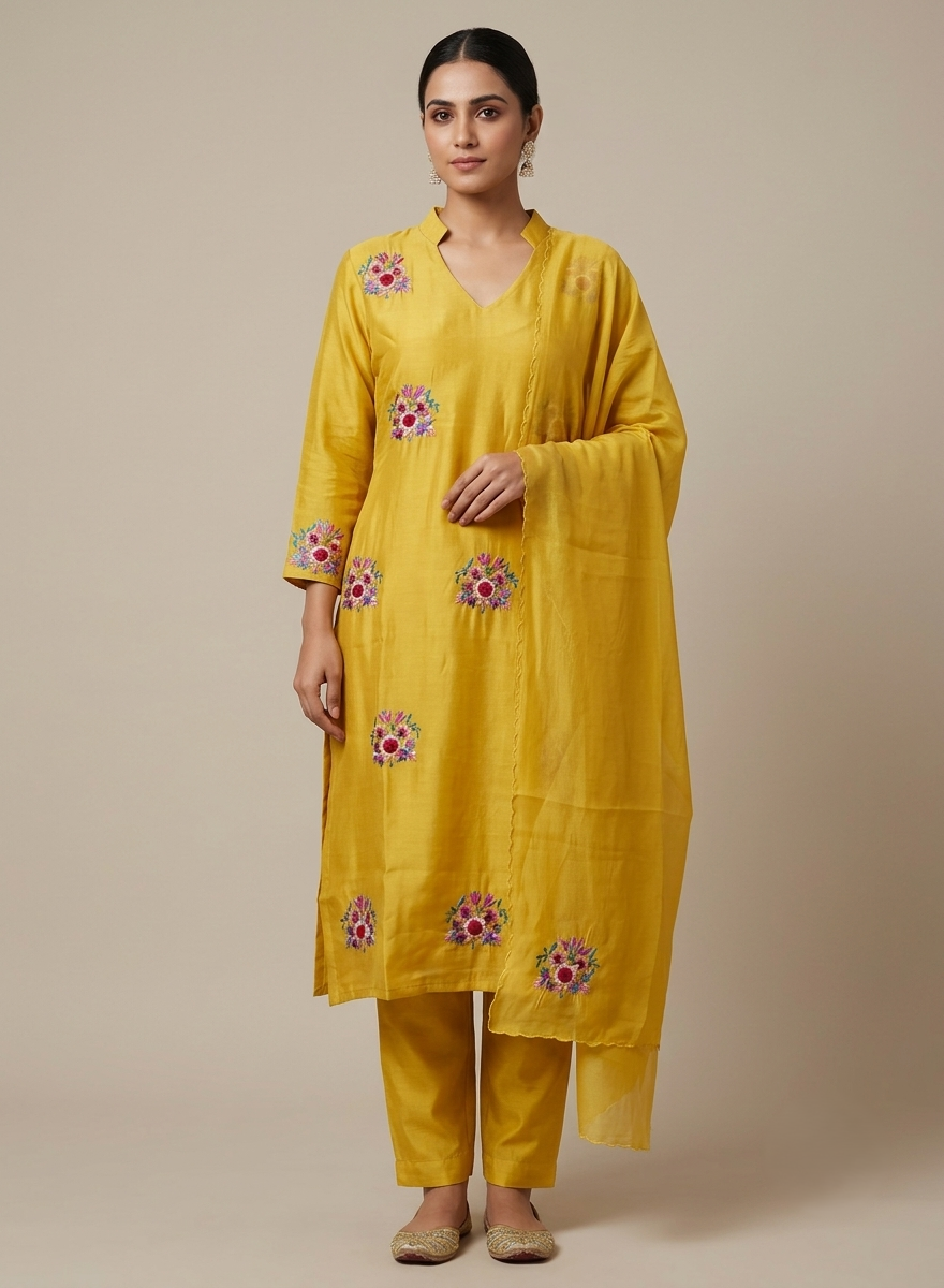 Yellow Embroidered Cotton Suit with Dupatta - Set of 3