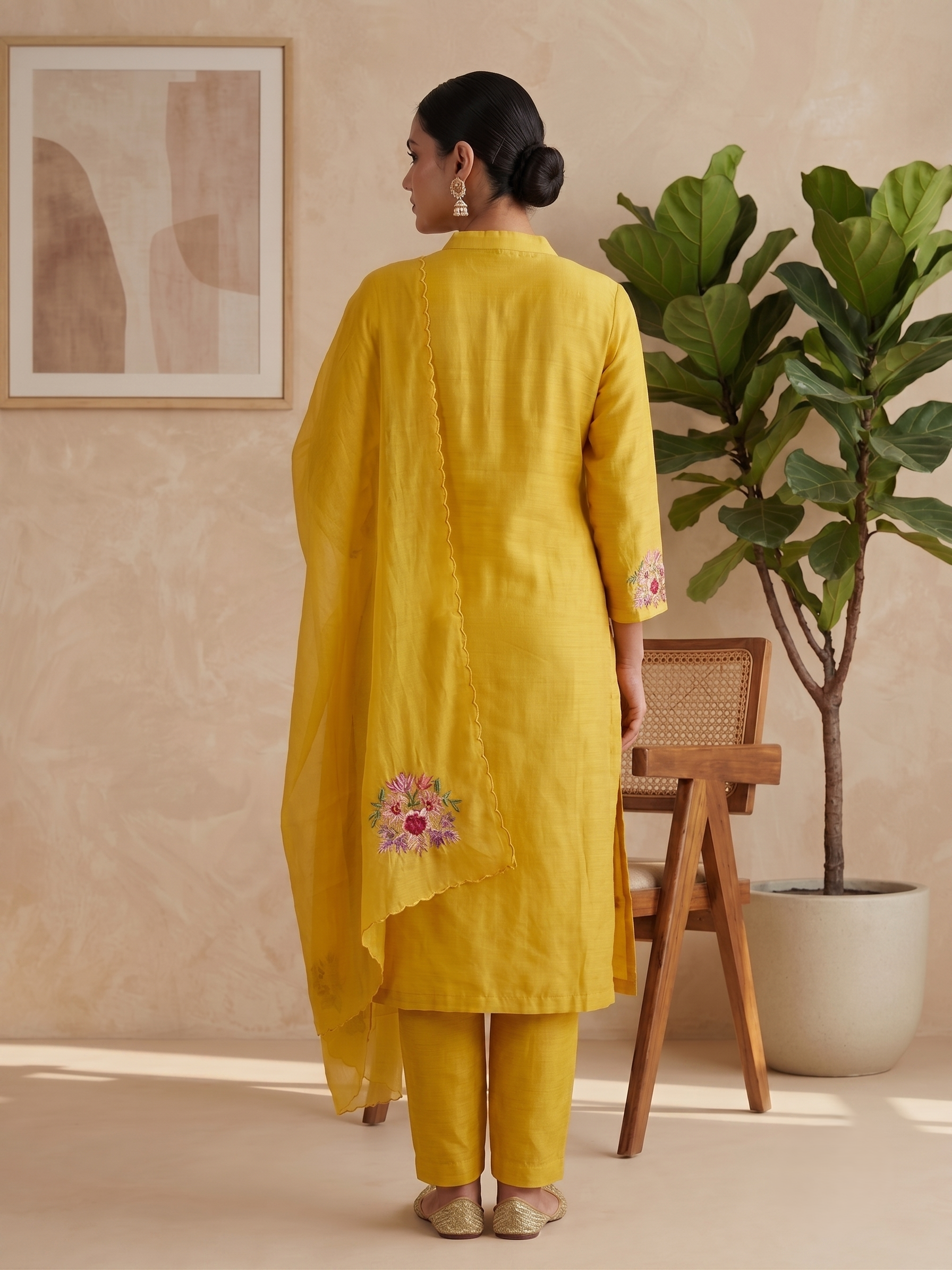 Yellow Embroidered Cotton Suit with Dupatta - Set of 3