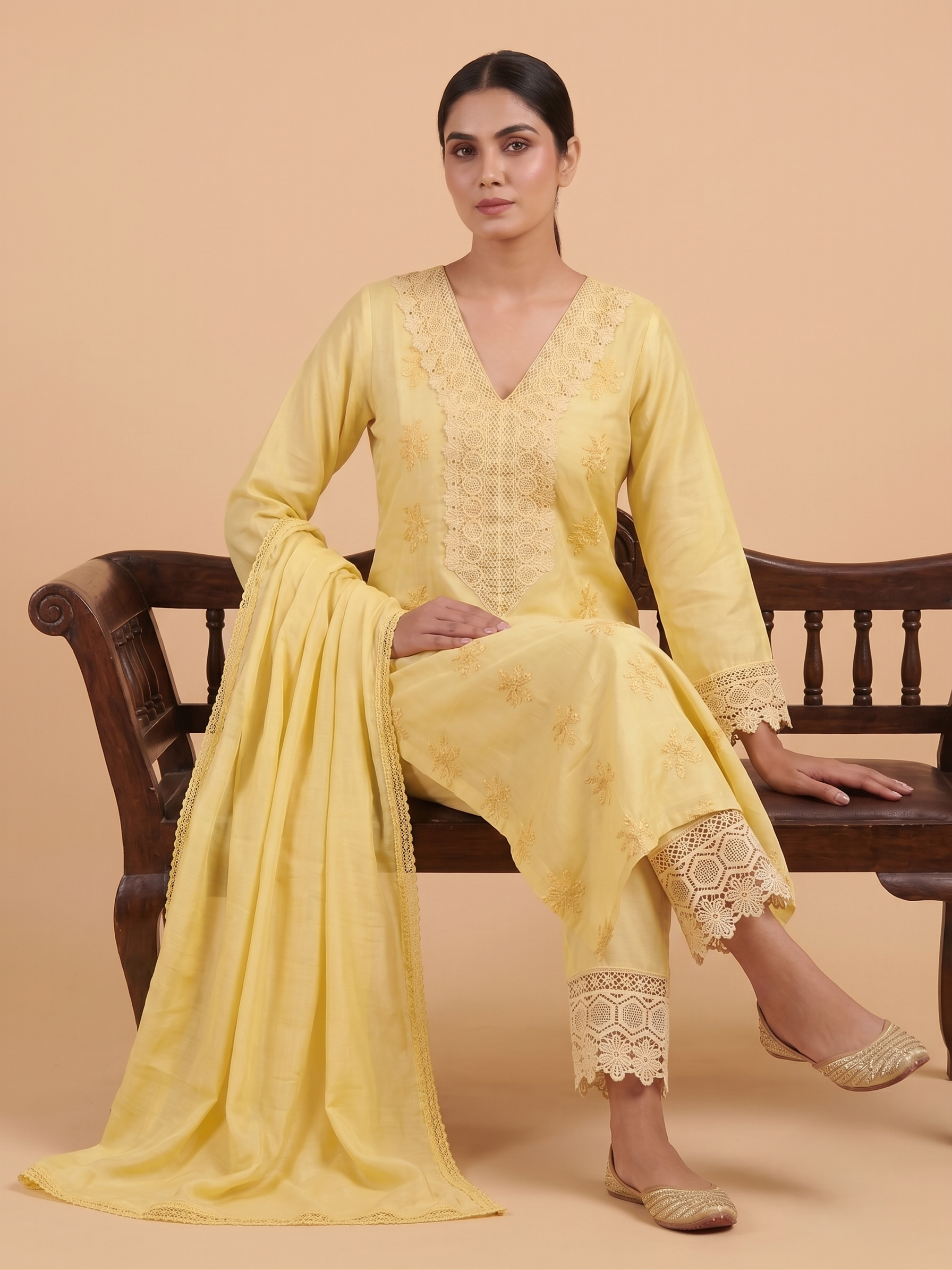 Yellow Floral Patch work Cotton Suit with Dupatta - Set of 3