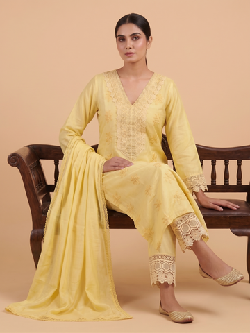Yellow Floral Patch work Cotton Suit with Dupatta - Set of 3