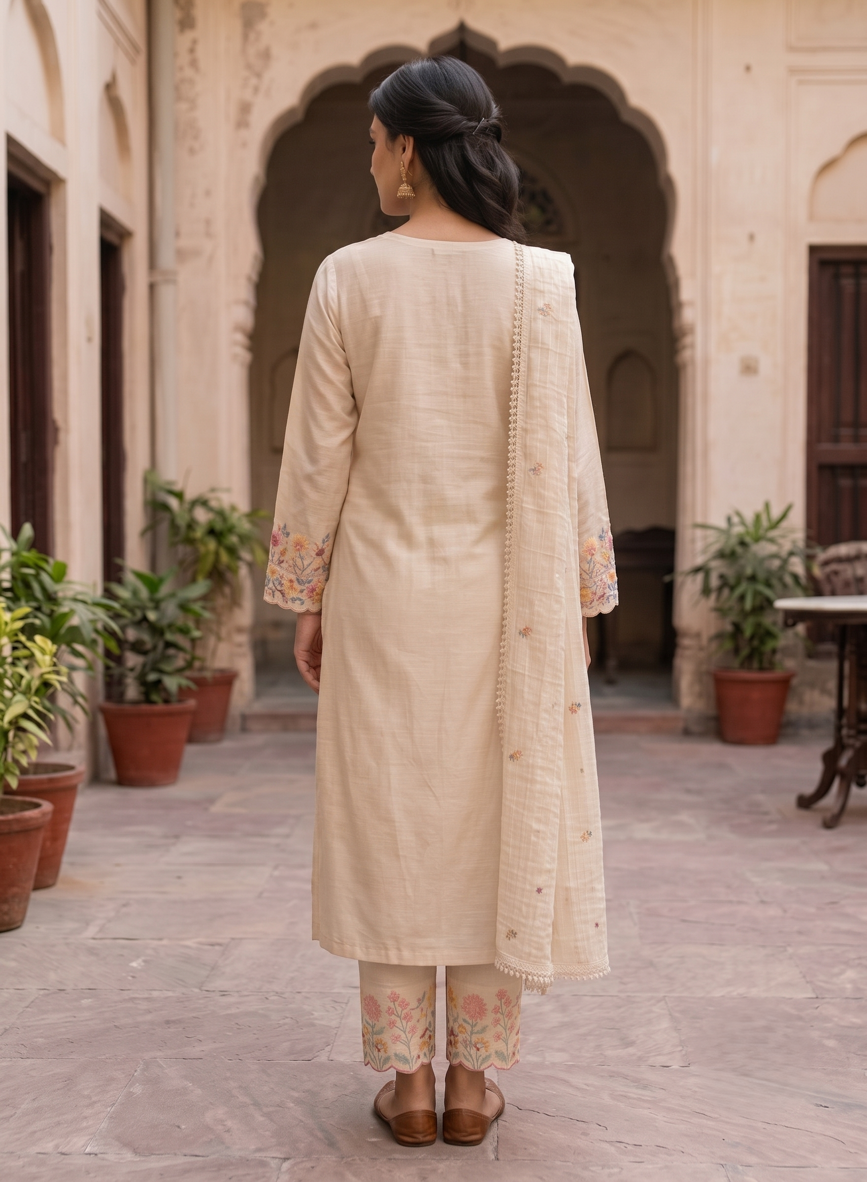White Kadhi Suit Embroidery with Dupatta - Set of 3