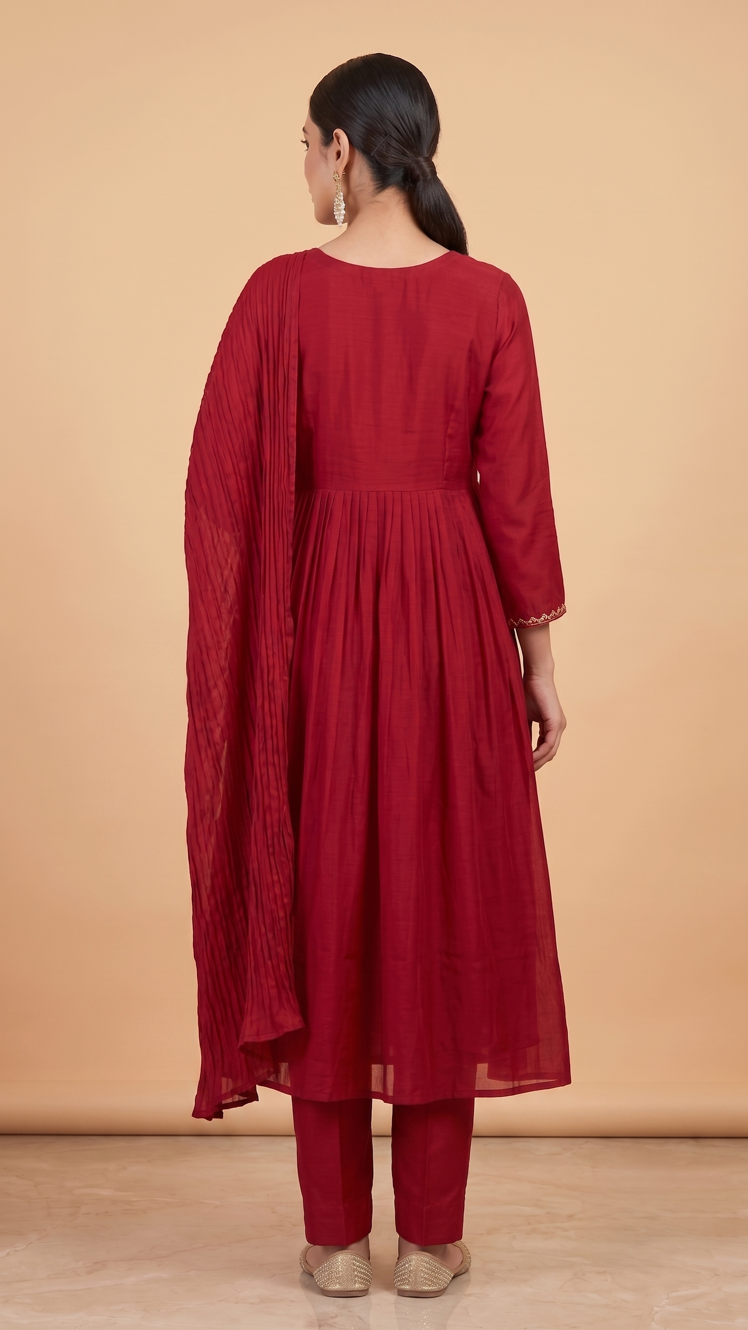 Red Chanderi Embroidery suit with dupatta - set of 3