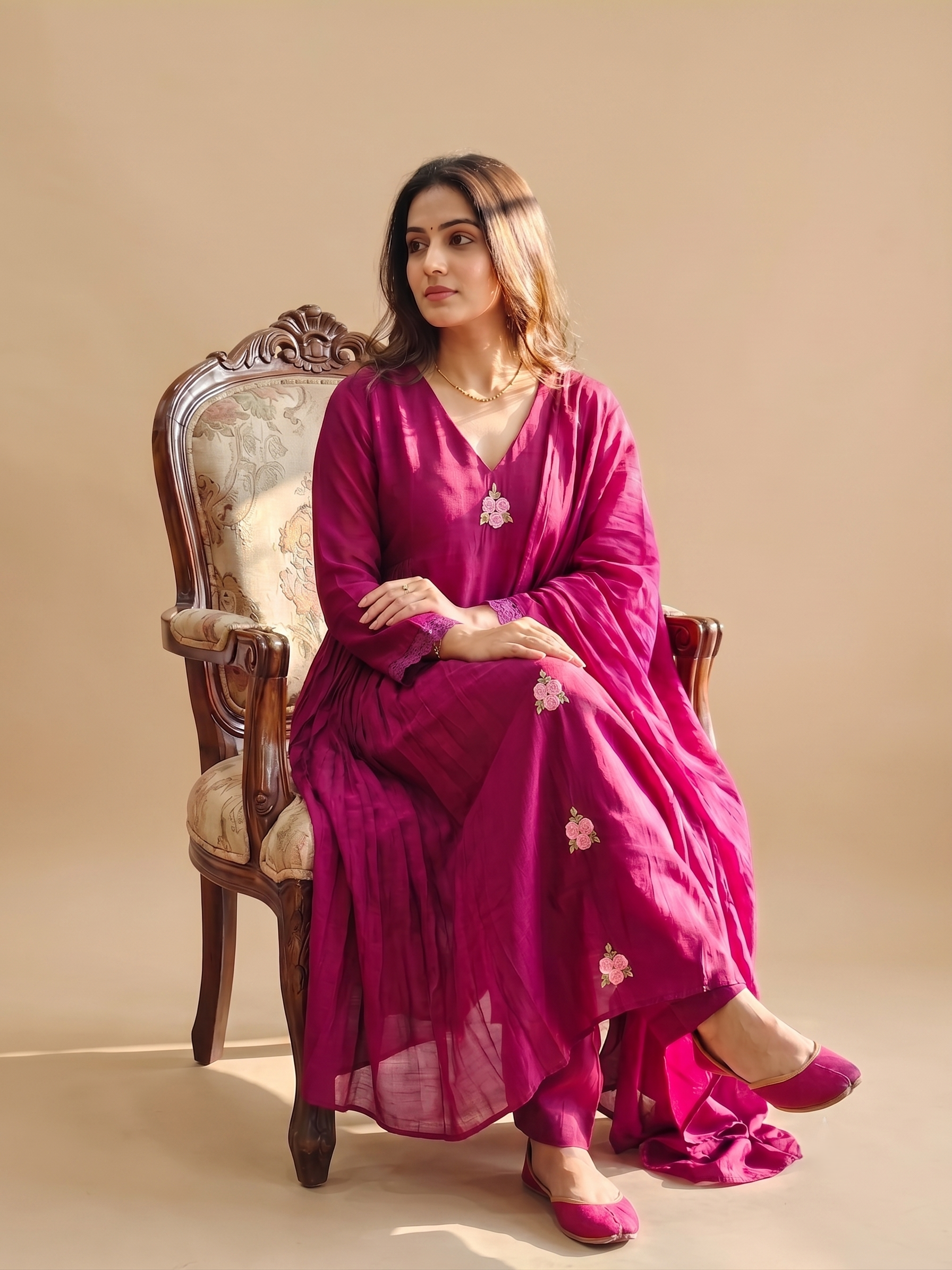 Wine Chanderi Floral Embroidery suit with dupatta - set of 3