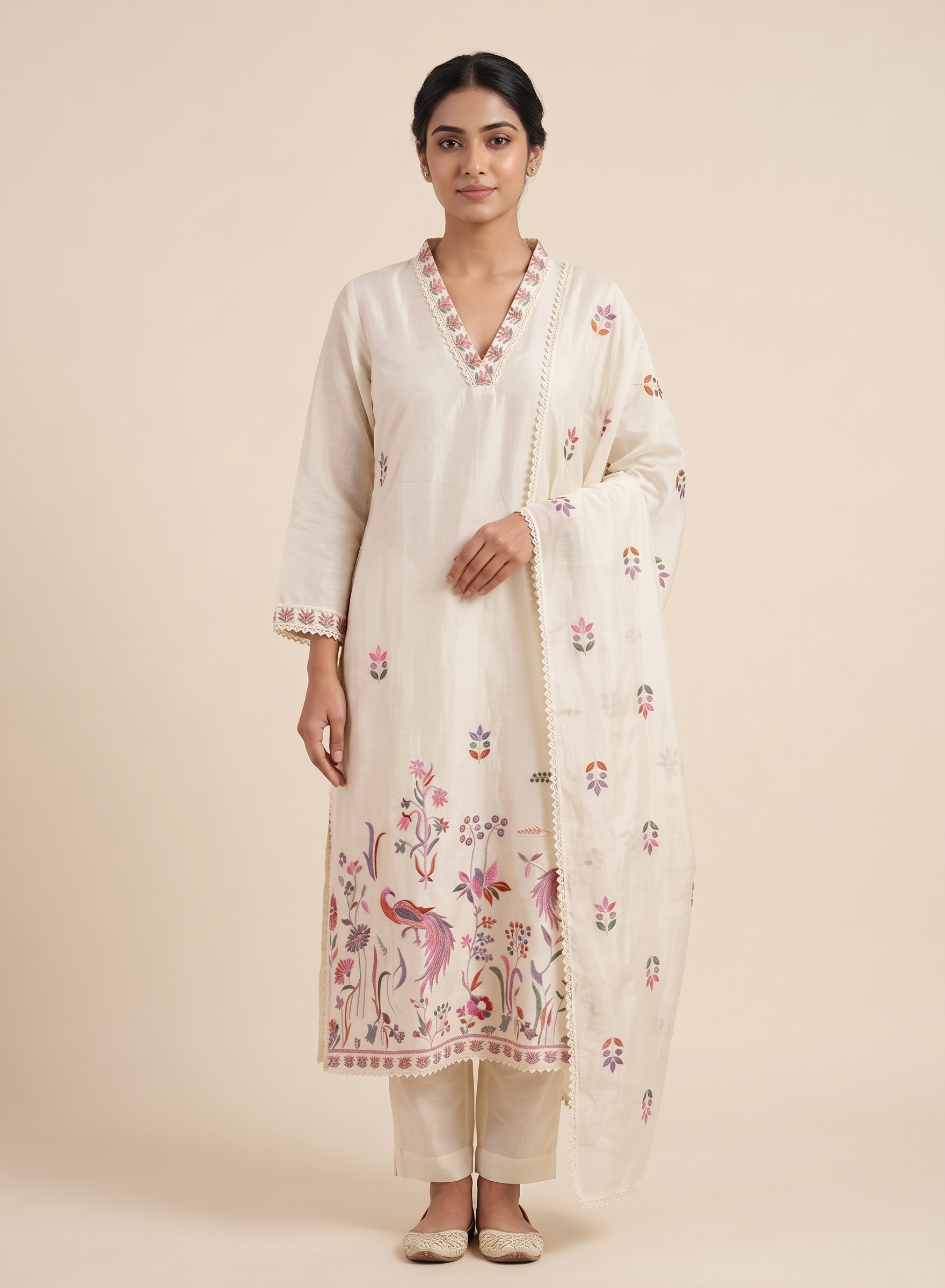 White Embroidered Cotton Suit with Dupatta - Set of 3
