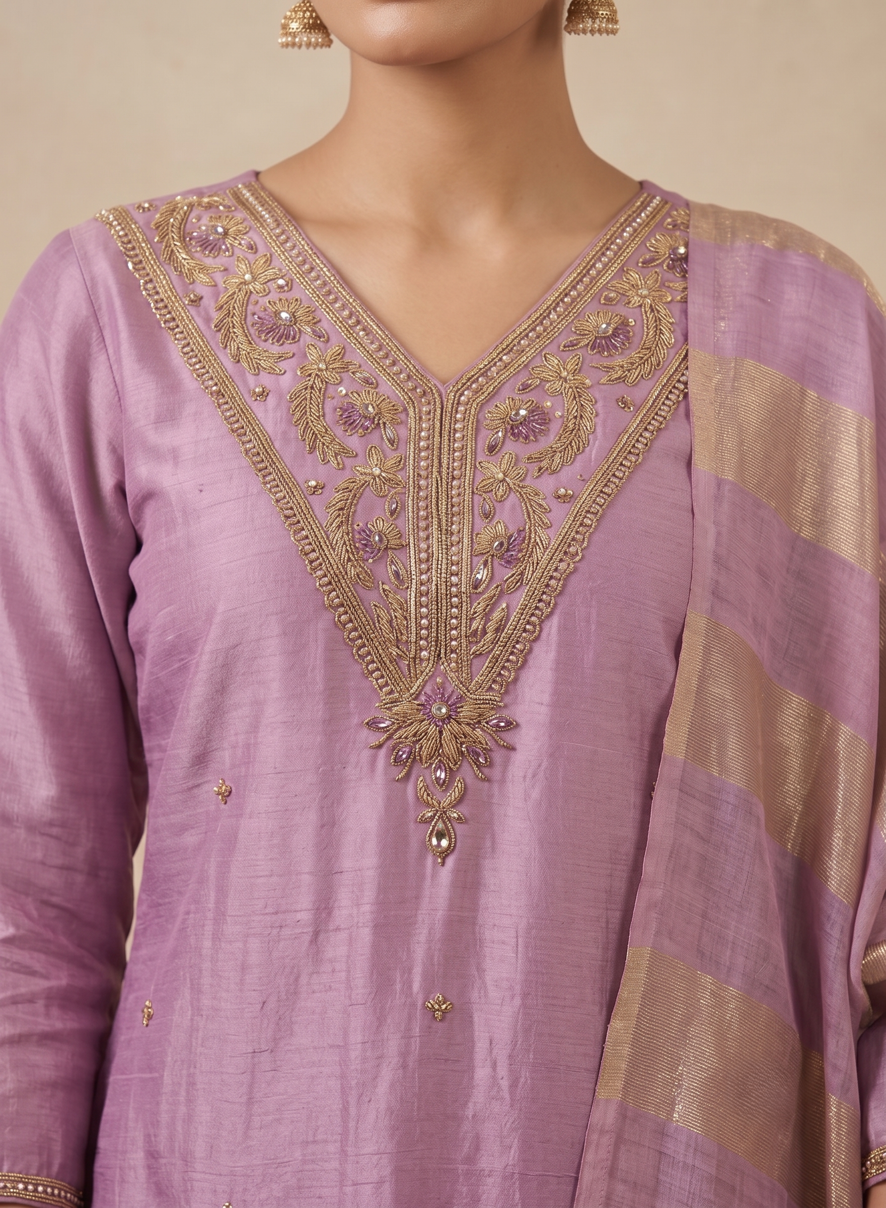 Lavendar Zardozi and Pearl Embroidery Chanderi Suit with Dupatta - Set of 3