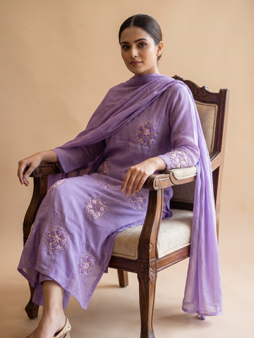 Purple Hand Embroidery Chanderi Suit with Dupatta - Set of 3