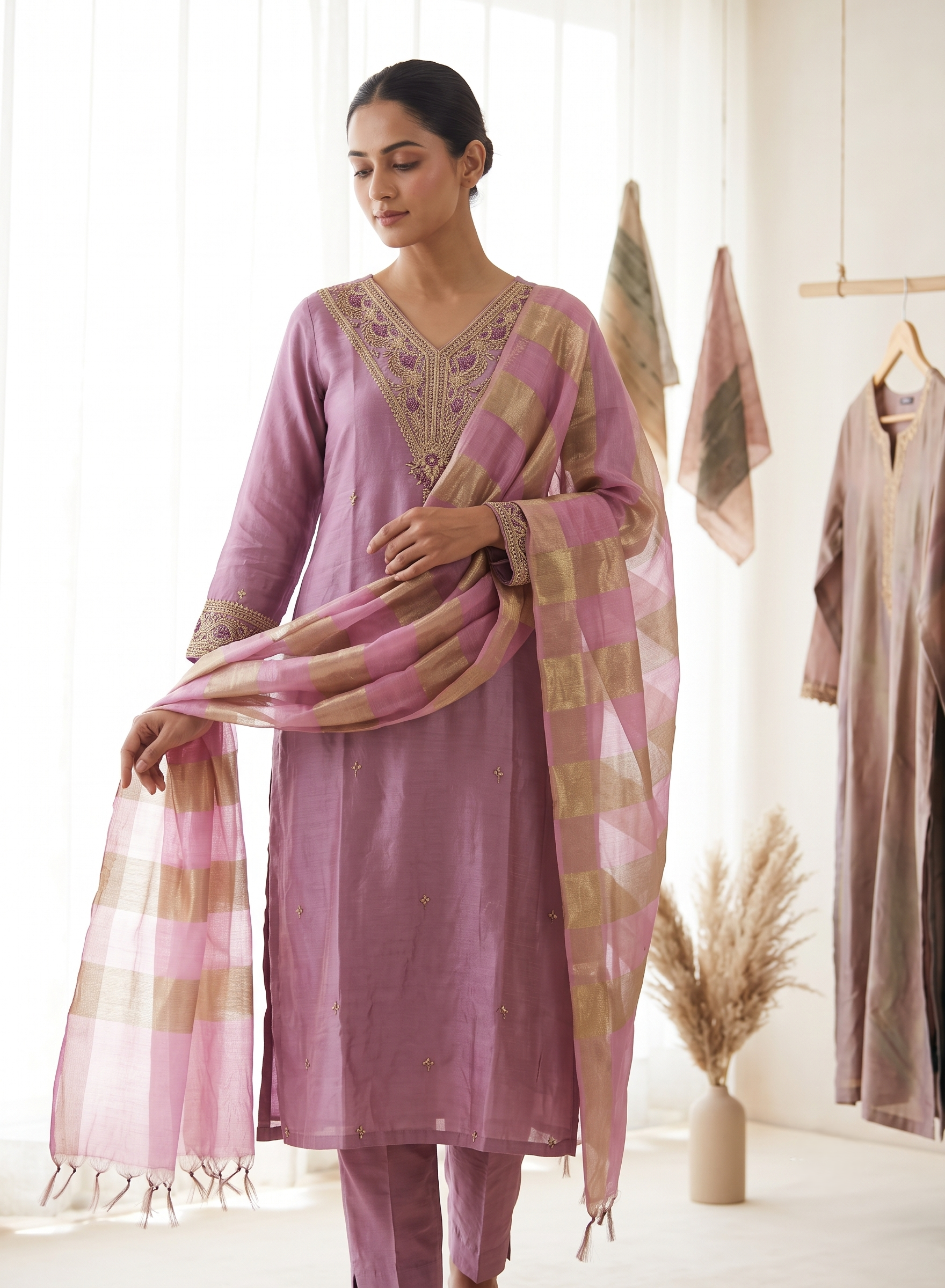 Lavendar Zardozi and Pearl Embroidery Chanderi Suit with Dupatta - Set of 3
