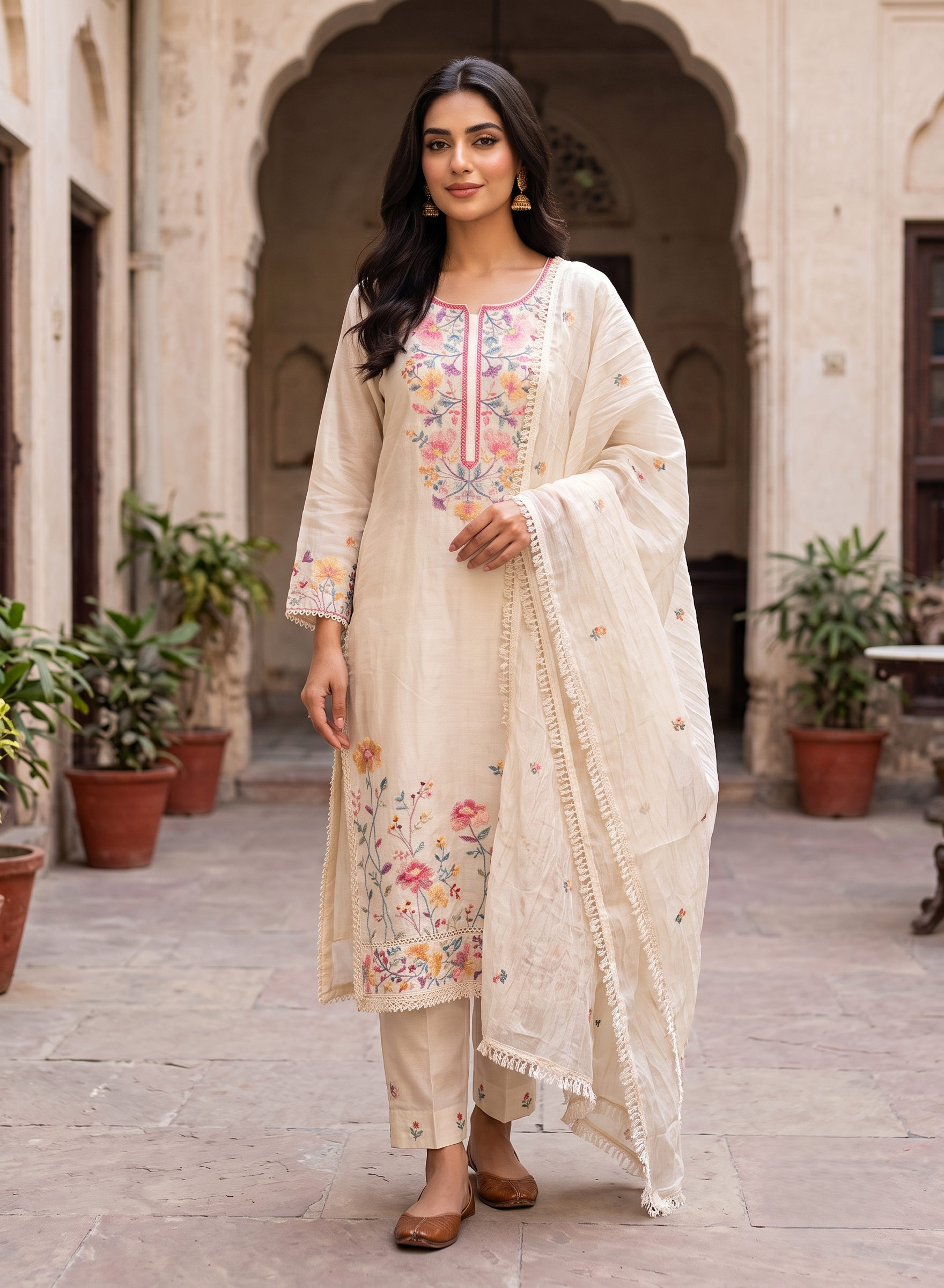 White Kadhi Suit Embroidery with Dupatta - Set of 3