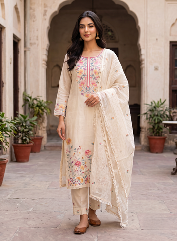 White Kadhi Suit Embroidery with Dupatta - Set of 3
